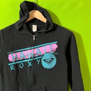 Roxy Hawaii Graphic Zip Up Hoodie Black Pink Teal Women's Size XS